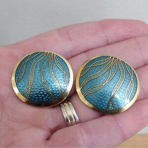Vintage Signed SITI Cloisonne Enamel Round Earrings Blue Gold 90s Geometric